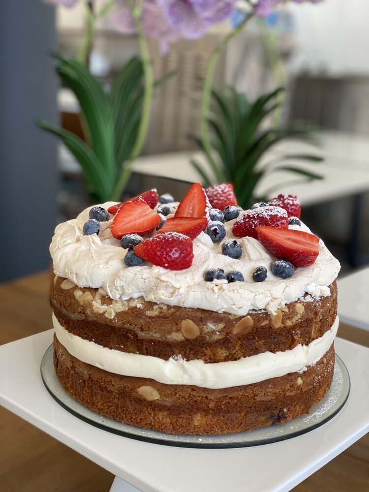 Blackberry, Almond Vanilla Meringue Gateau